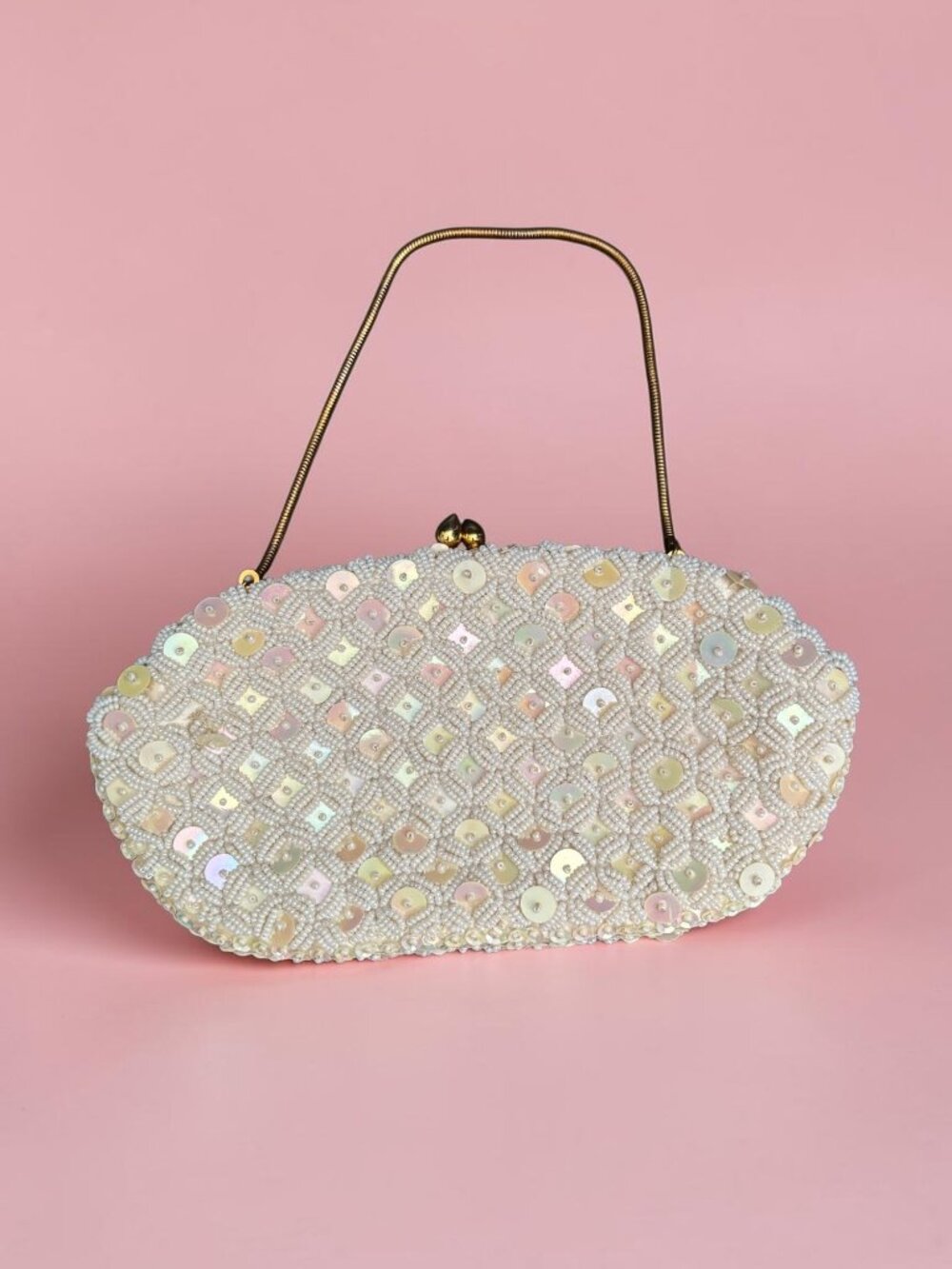 Vintage Beaded & Sequin Clutch Purse With Gold-Tone Handle Made In Hong Kong